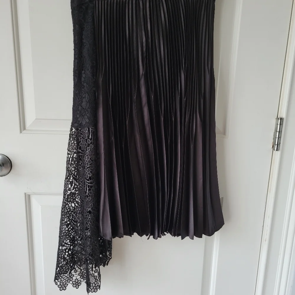 Karen Millen Formal Black Midi Dress Pleated Asymmetrical and Lace Detail 8 - Picture 7 of 8